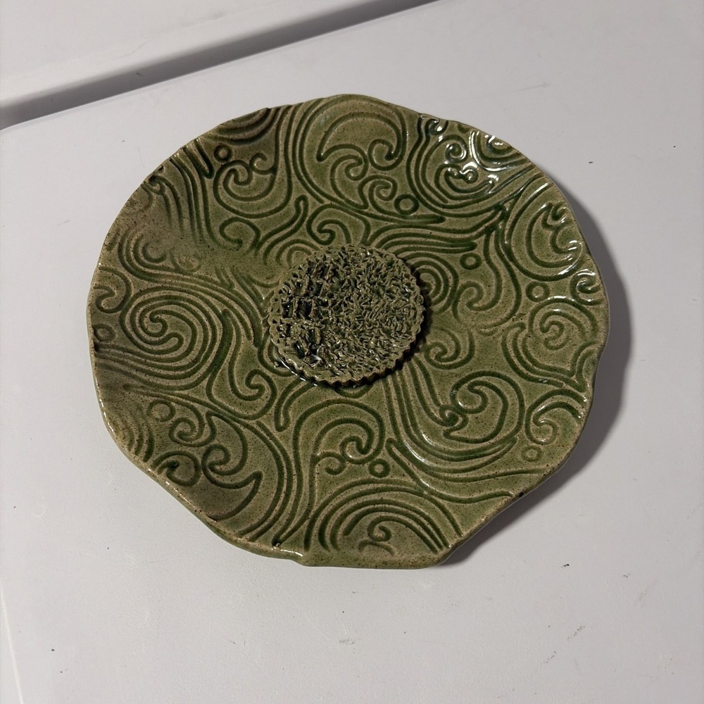 Handcrafted Pottery Garlic Grader Plate Green Ceramic Ginger Grater Signed